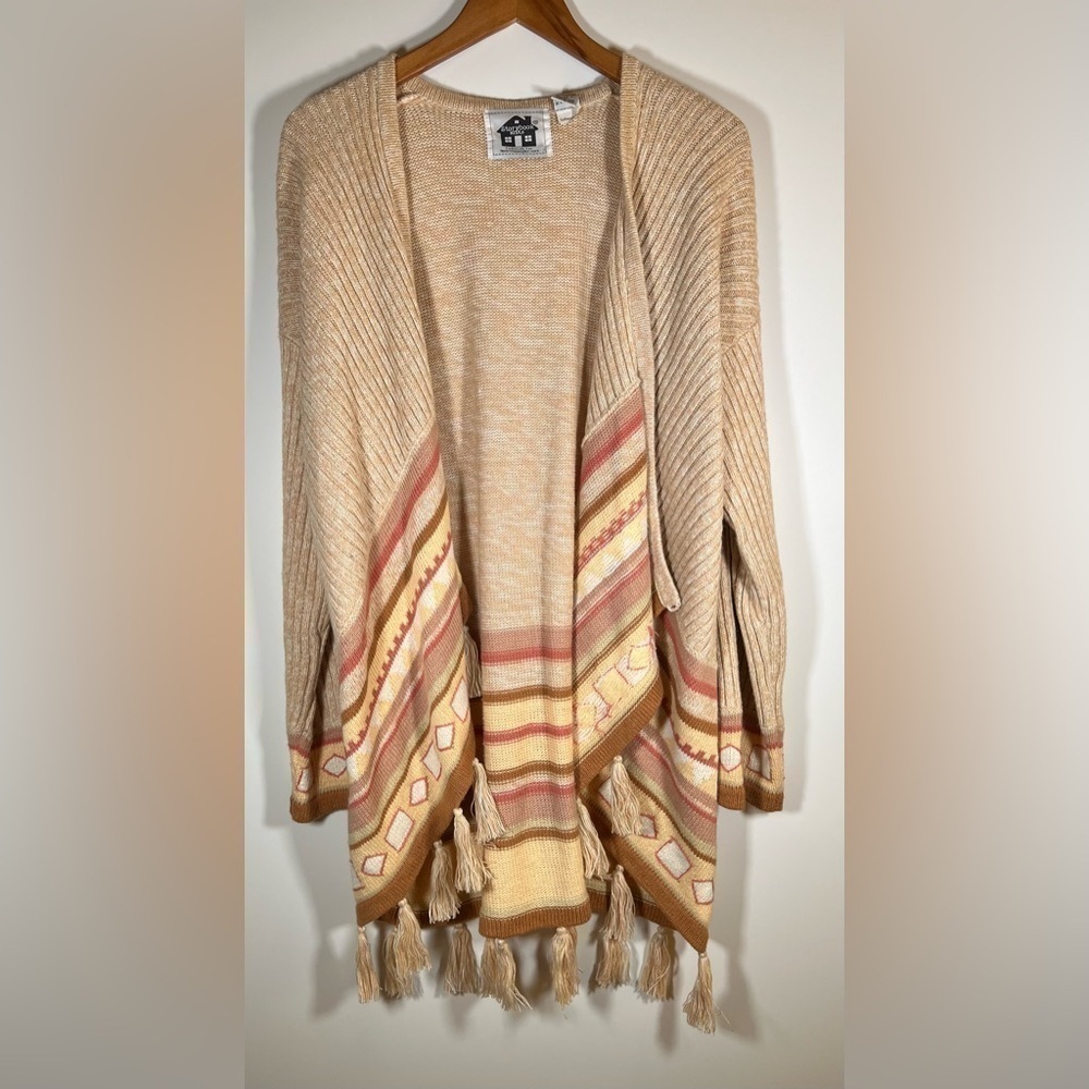 Vintage 90s Storybook Knits tan orange southwestern wrap duster fringe sz XS